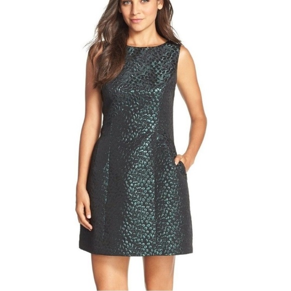 Aidan by Aidan Mattox Black Green Metallic Jacquard Sheath Dress Size 2 - Picture 1 of 9